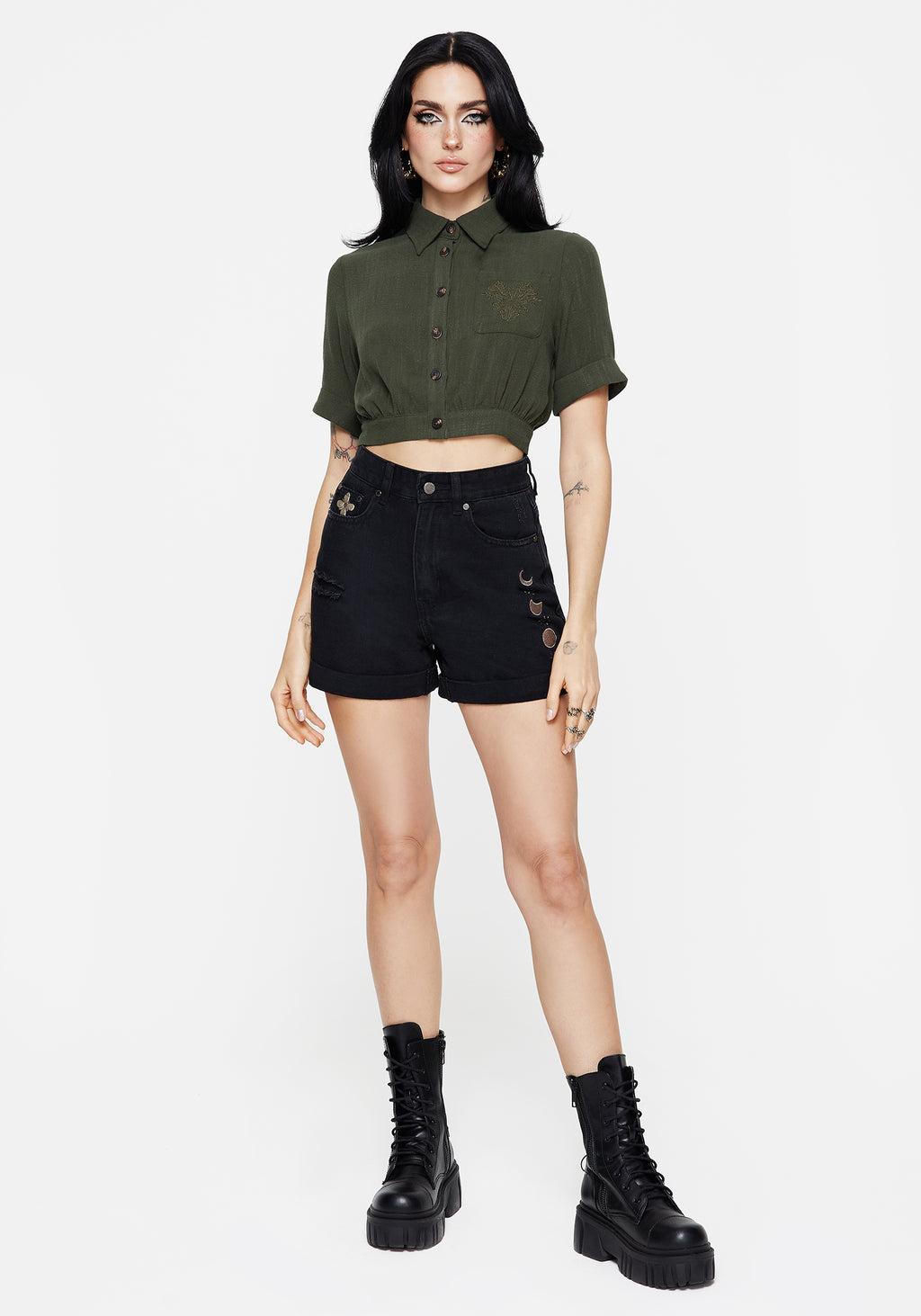 Foliate Linen-Blend Embroidered Short Sleeve Crop Shirt - Green Product Image