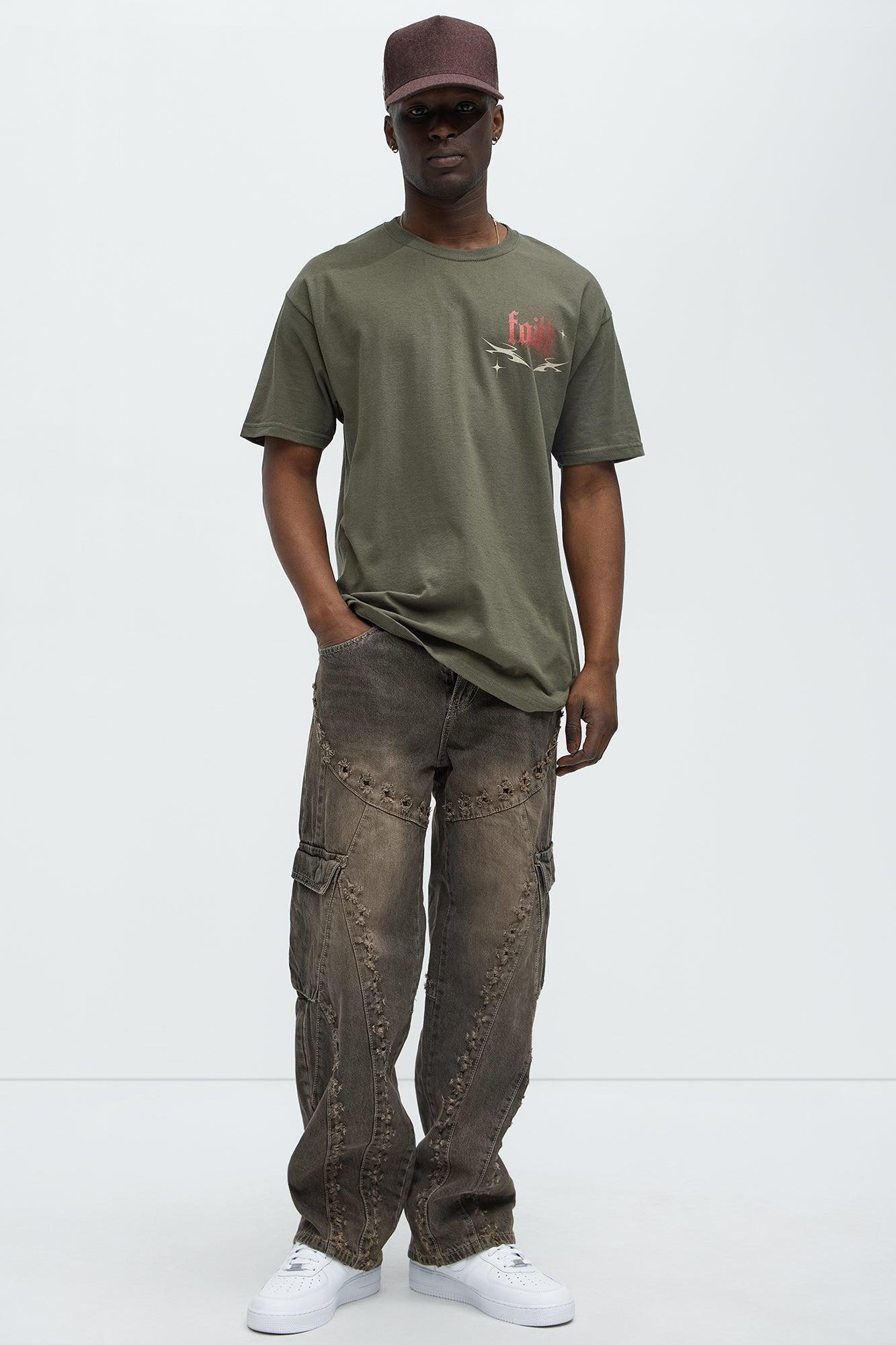 Baggy Distressed Eyelets Cargo Jeans - Brown Product Image