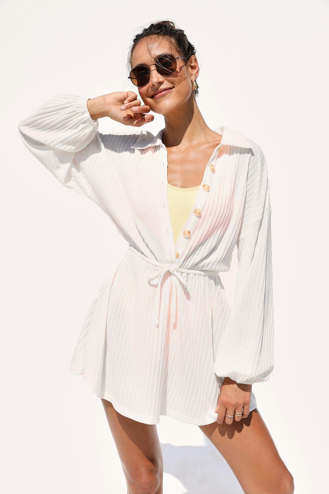 Oasis Awaits White Ribbed Button-Up Mini Swim Cover-Up Product Image