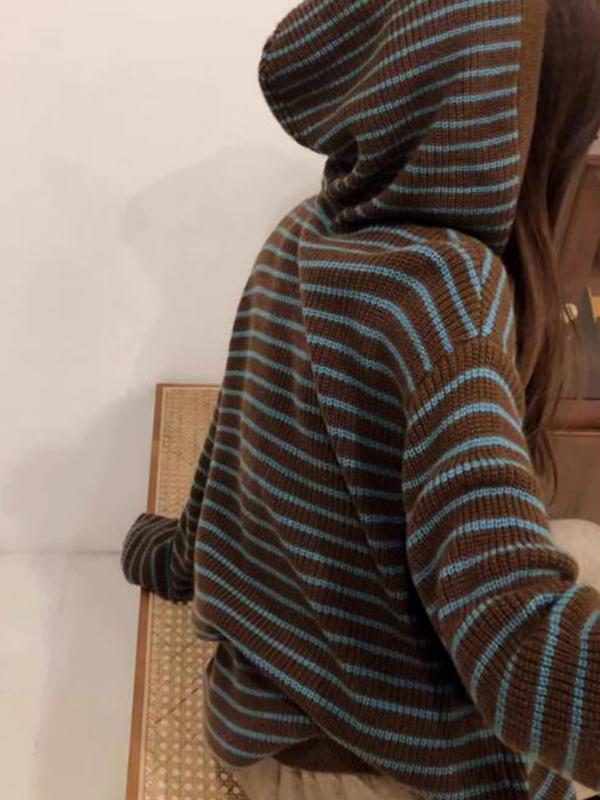 Hooded Stripe Lace Up Sweater Product Image