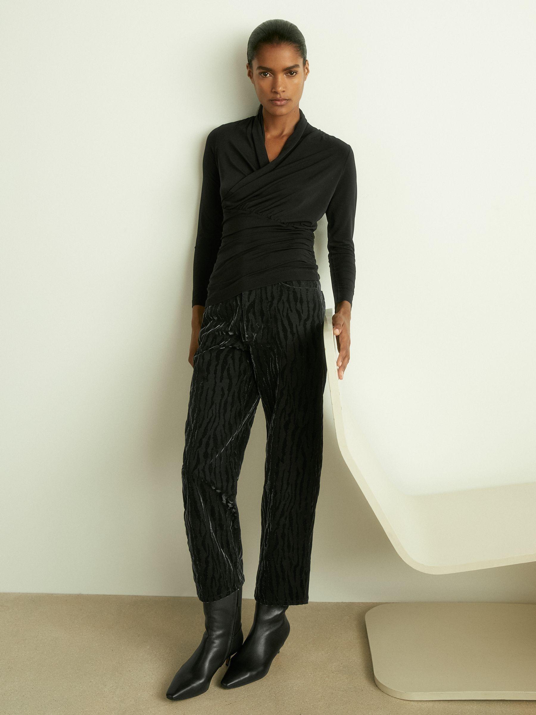 Mesh Wrap-Neck Ruched Top in Black Product Image