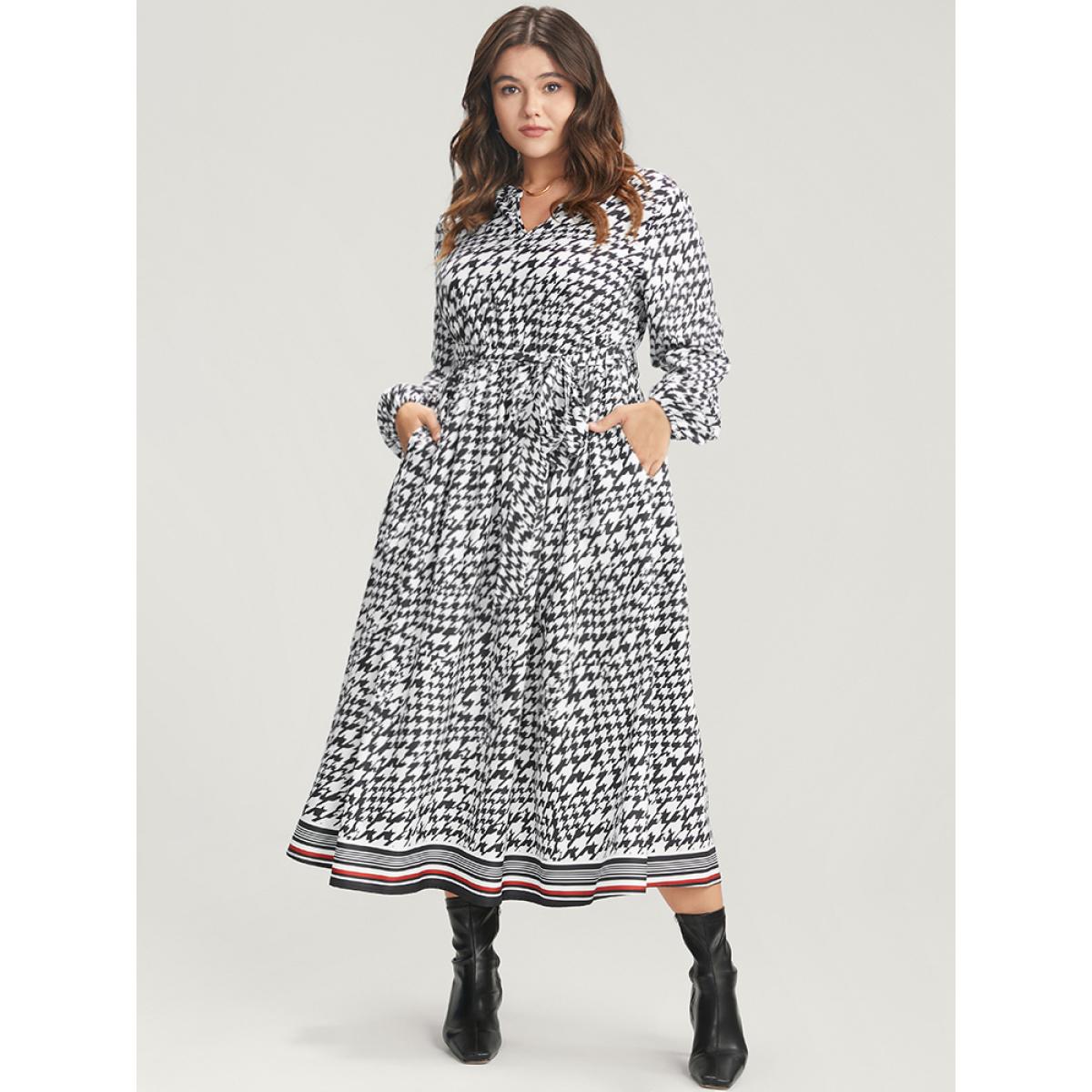 Plus Size Houndstooth Print Pocket Lantern Sleeve Belted Dress Black Women Elegant Pocket V-neck Long Sleeve Curvy Midi Dress BloomChic 10/M Product Image