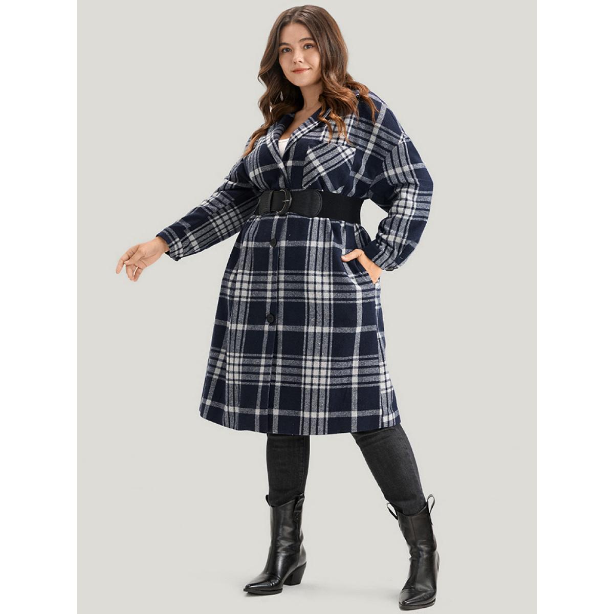 Plus Size Plaid Pocket Button Up Coat Without Belt Women Indigo Casual Pocket Ladies Dailywear Winter Coats BloomChic 30/6X Product Image