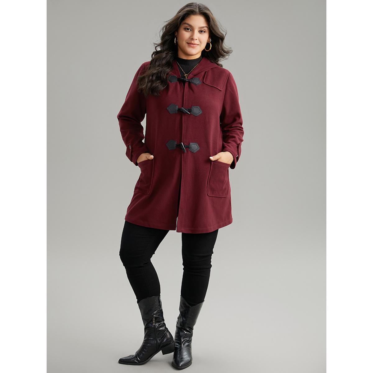 Plus Size Plain Duffle Button Pocket Hooded Coat Women Burgundy Casual Contrast Ladies Dailywear Winter Coats BloomChic 10/M Product Image