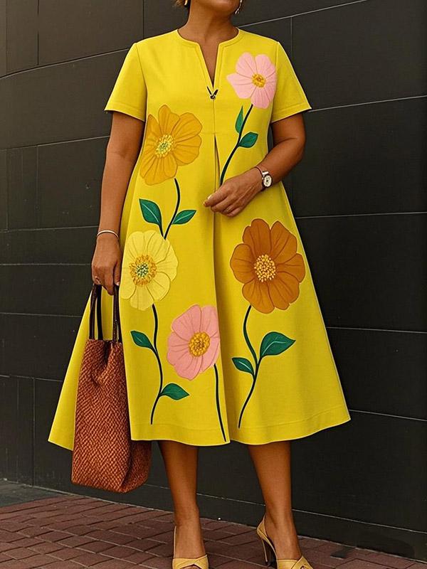 A-Line Loose Flower Print V-Neck Midi Dresses Product Image