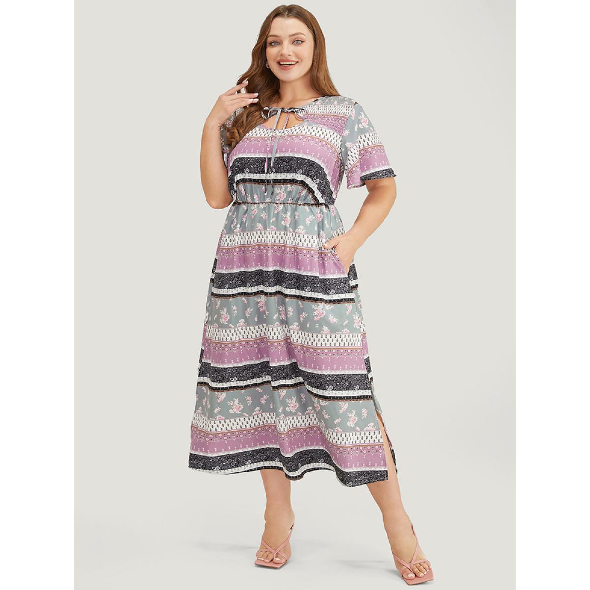 Plus Size Bandana Print Cut Out Tie Neck Pocket Shirred Striped Dress Multicolor Women Elegant Printed Keyhole Cut-Out Short sleeve Curvy Midi Dress BloomChic 10/M Product Image