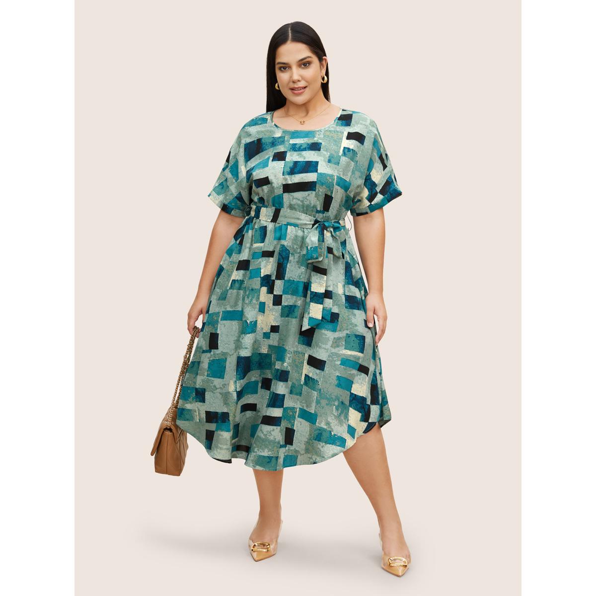 Plus Size Geometric Dolman Sleeve Curved Hem Dress Teal Women At the Office Belted Round Neck Short sleeve Curvy BloomChic 18-20/2X Product Image