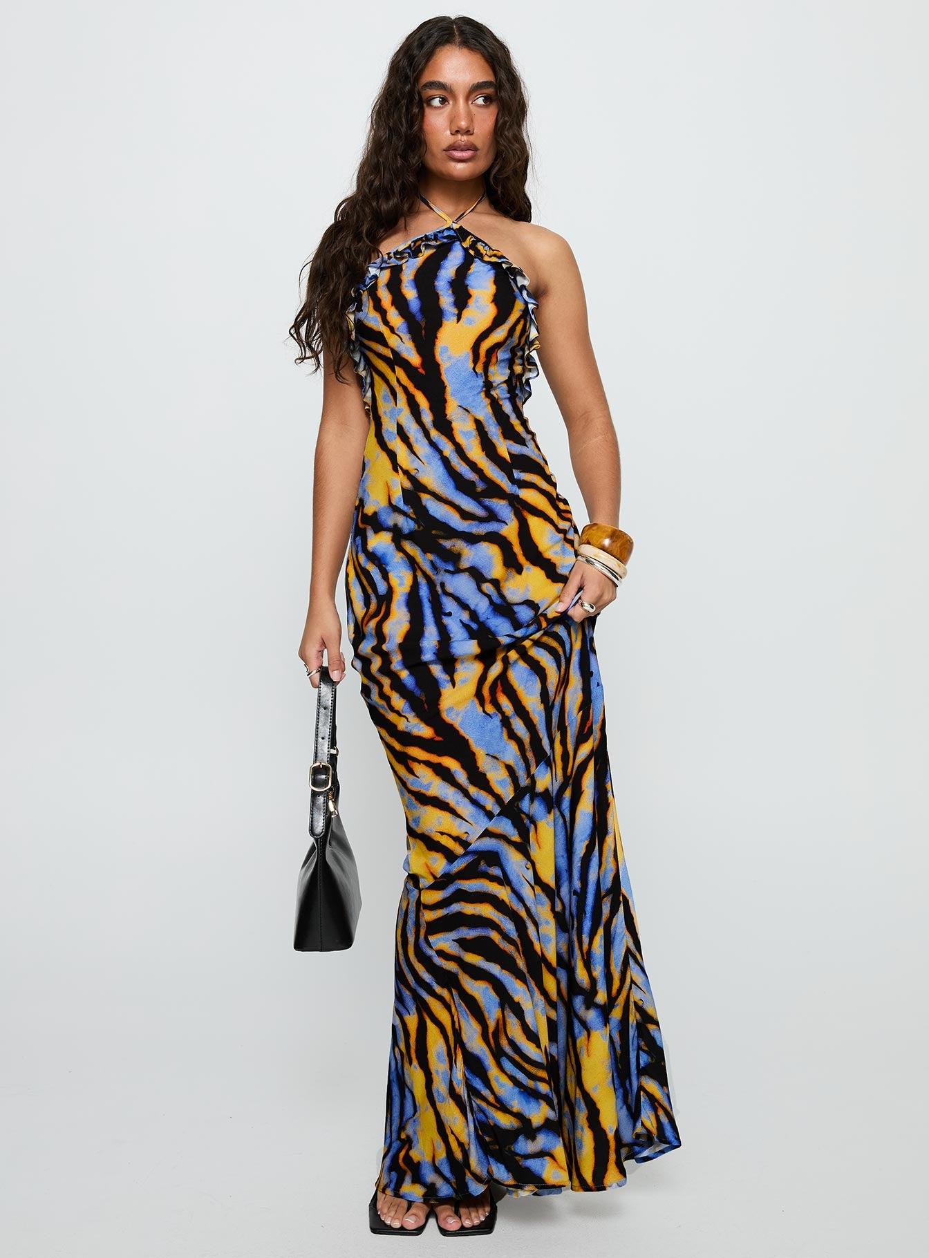 Virginia Beach Backless Maxi Dress Blue Zebra Product Image