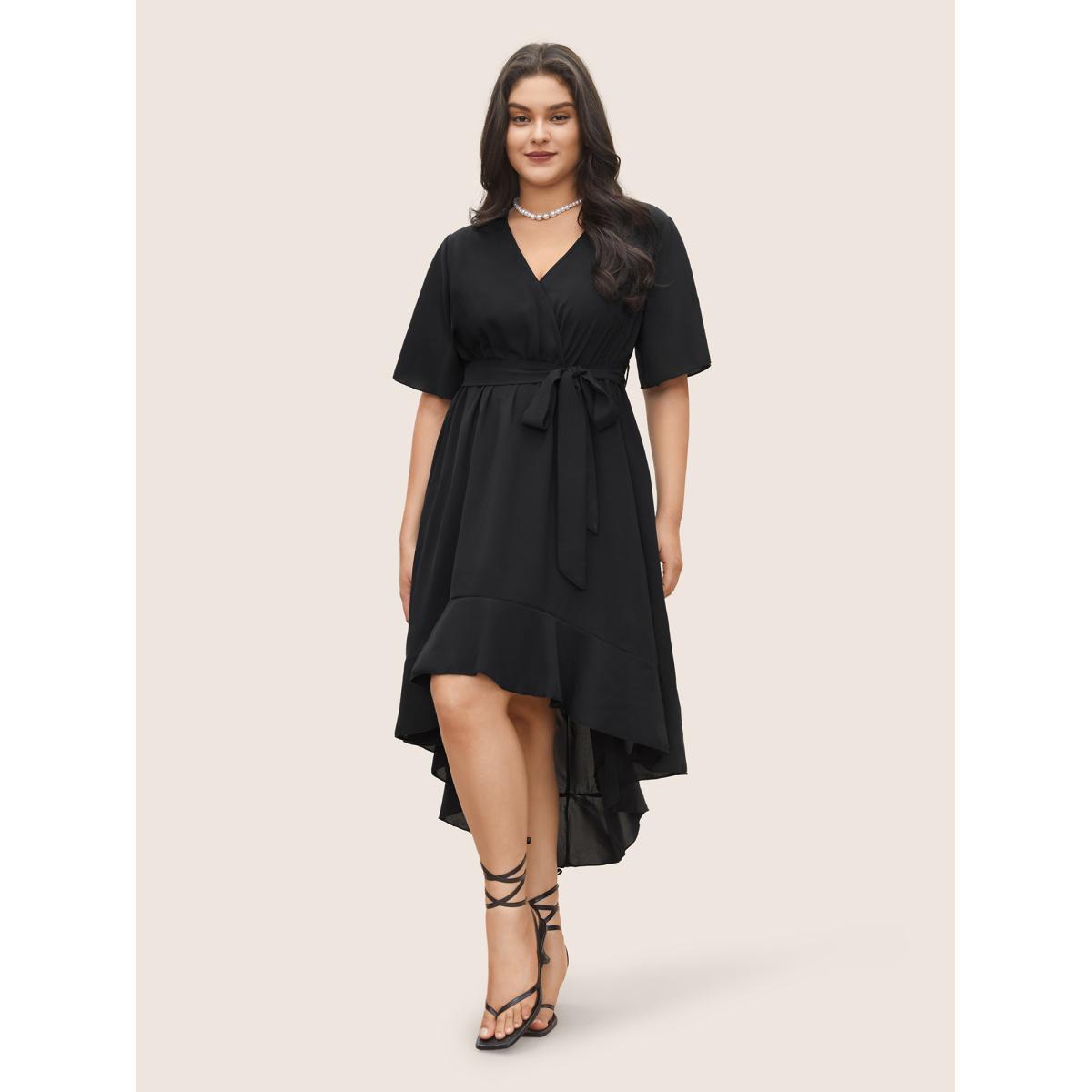 Plus Size Bloom Dress - Solid Tie Surplice Ruffle High Low Dress Black Women Elegant Cross straps V-neck Short sleeve Curvy Midi Dress BloomChic 14/1X Product Image