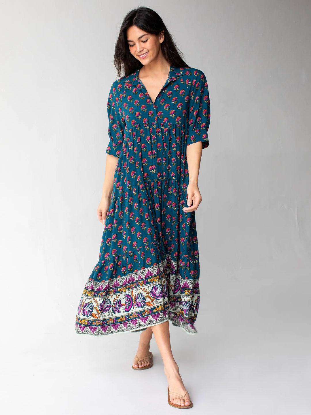 Rebecca Midi Dress - Navy Red Bouquets Product Image