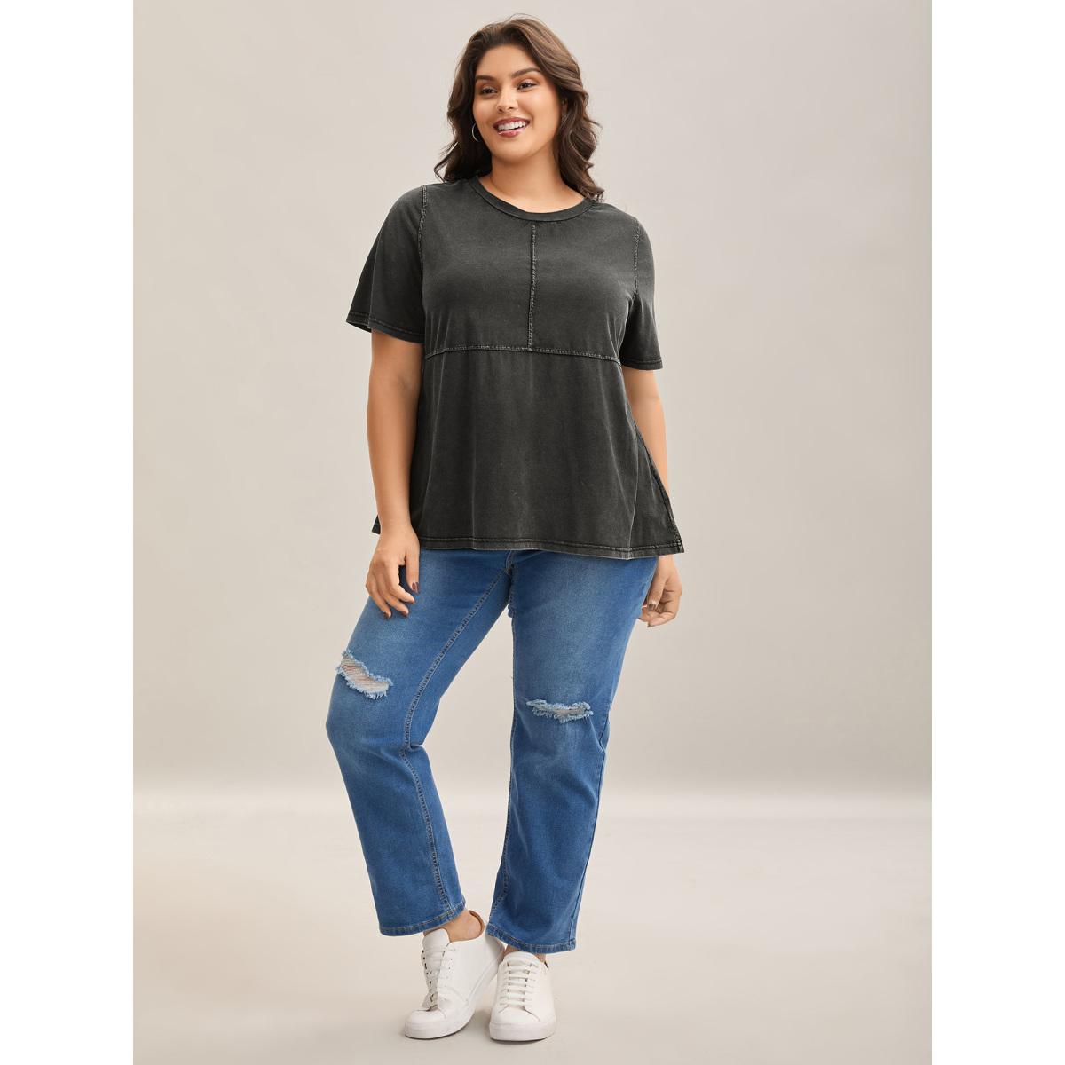 Plus Size Crew Neck Vintage Plain T-Shirt Black Women Leisure Non Round Neck Casual T-shirts BloomChic 22-24/3X Product Image