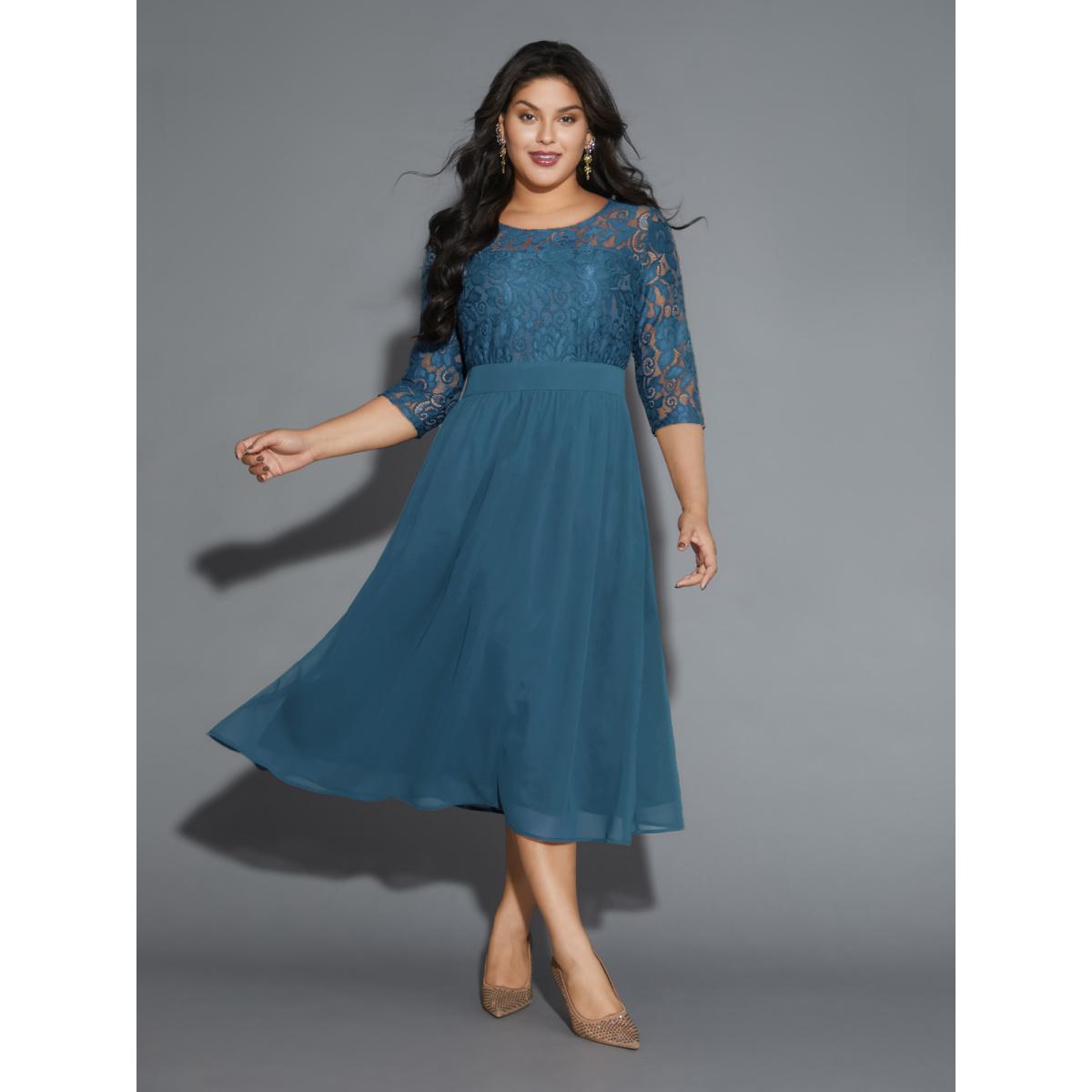 Plus Size Lace Patchwork Shirred Midi Pocket Dress Mediumblue Women Cocktail Woven ribbon&lace trim Round Neck Elbow-length sleeve Curvy BloomChic 14-16/1X Product Image