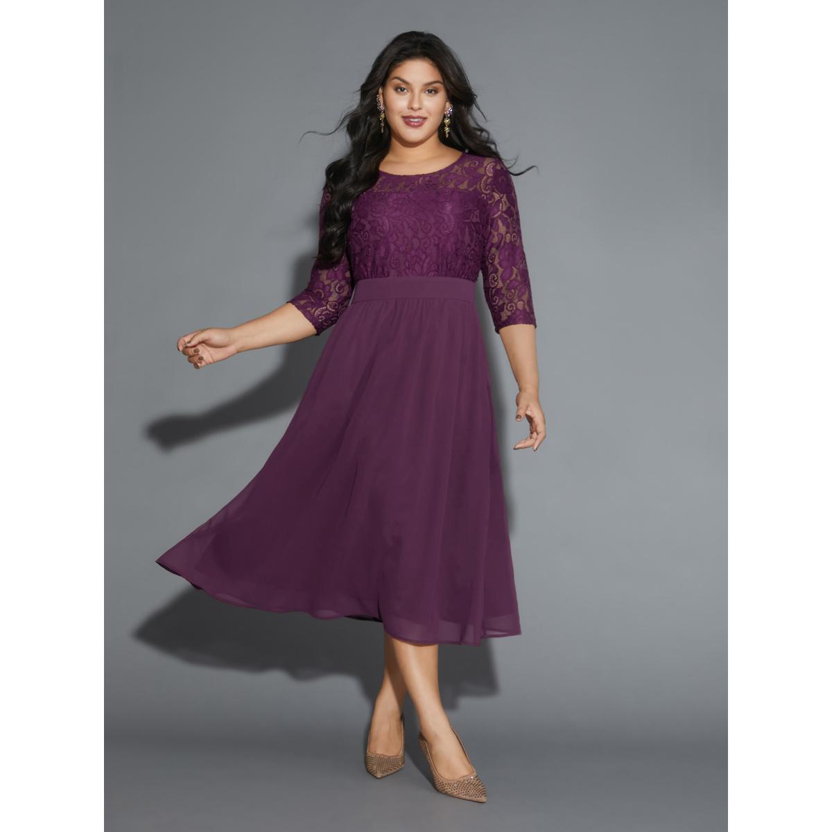 Plus Size Lace Patchwork Shirred Midi Pocket Dress Deeppurplered Women Cocktail Woven ribbon&lace trim Round Neck Elbow-length sleeve Curvy BloomChic 30/6X Product Image