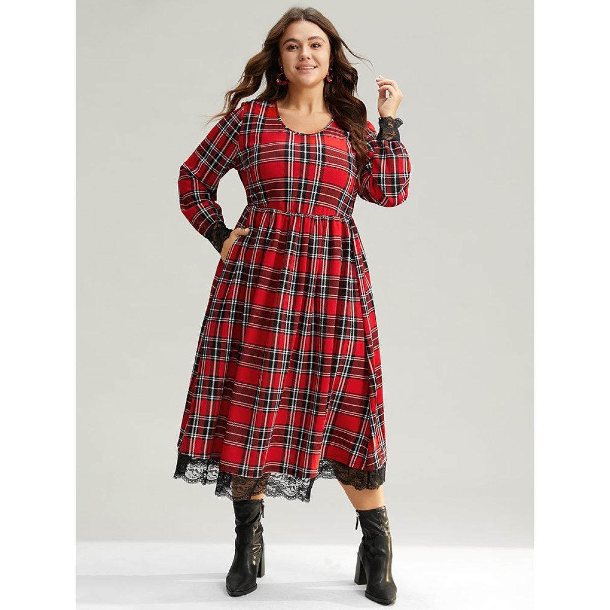 Plus Size Plaid Guipure Lace Elastic Waist Gathered Dress Raspberry Women Casual Printed Round Neck Long Sleeve Curvy Midi Dress BloomChic 14-16/1X Product Image