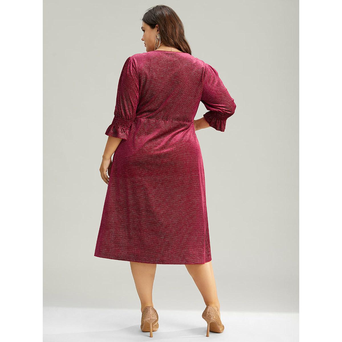 Plus Size Plain Velvet Glitter Split Hem Shirred Dress Scarlet Women Glamour Velvet Round Neck Half Sleeve Curvy Midi Dress BloomChic 22-24/3X Product Image