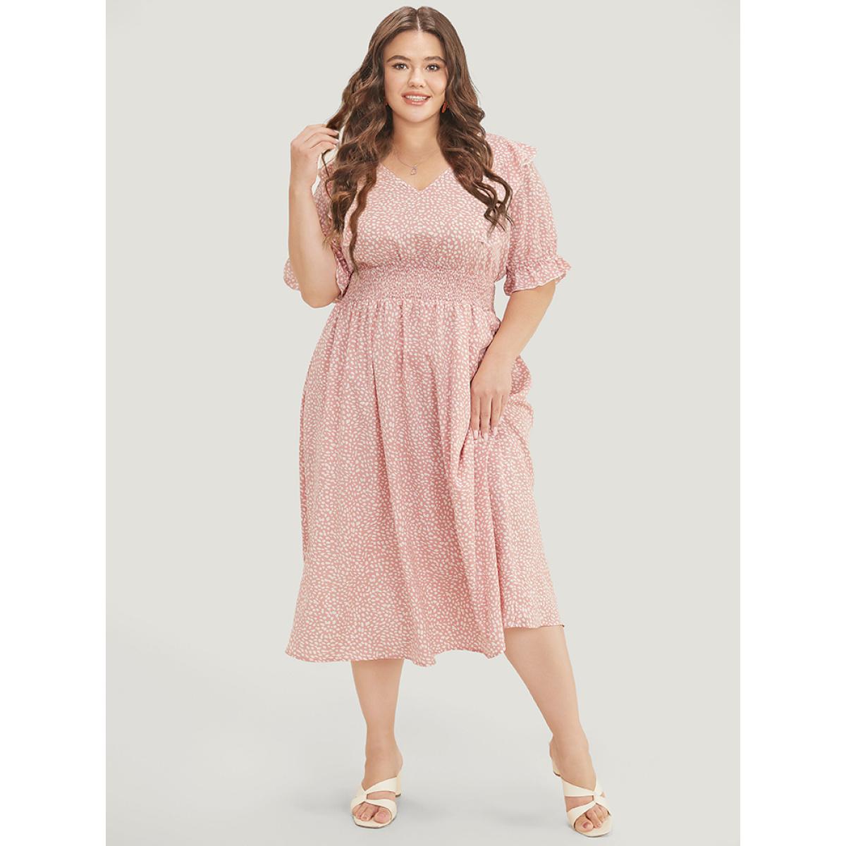 Plus Size Leopard Ruffle Trim Pocket Shirred Puff Sleeve Dress DustyPink Women Elegant Lined V-neck Short sleeve Curvy Midi Dress BloomChic 26/4X Product Image