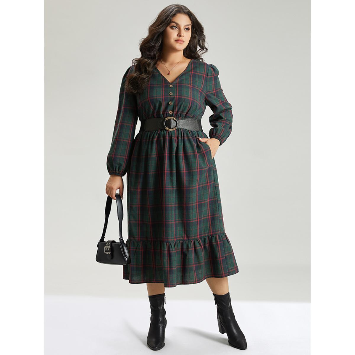 Plus Size Plaid Shirred Button Detail Ruffle Hem Dress Multicolor Women Office Elastic cuffs V-neck Long Sleeve Curvy Midi Dress BloomChic 18-20/2X Product Image