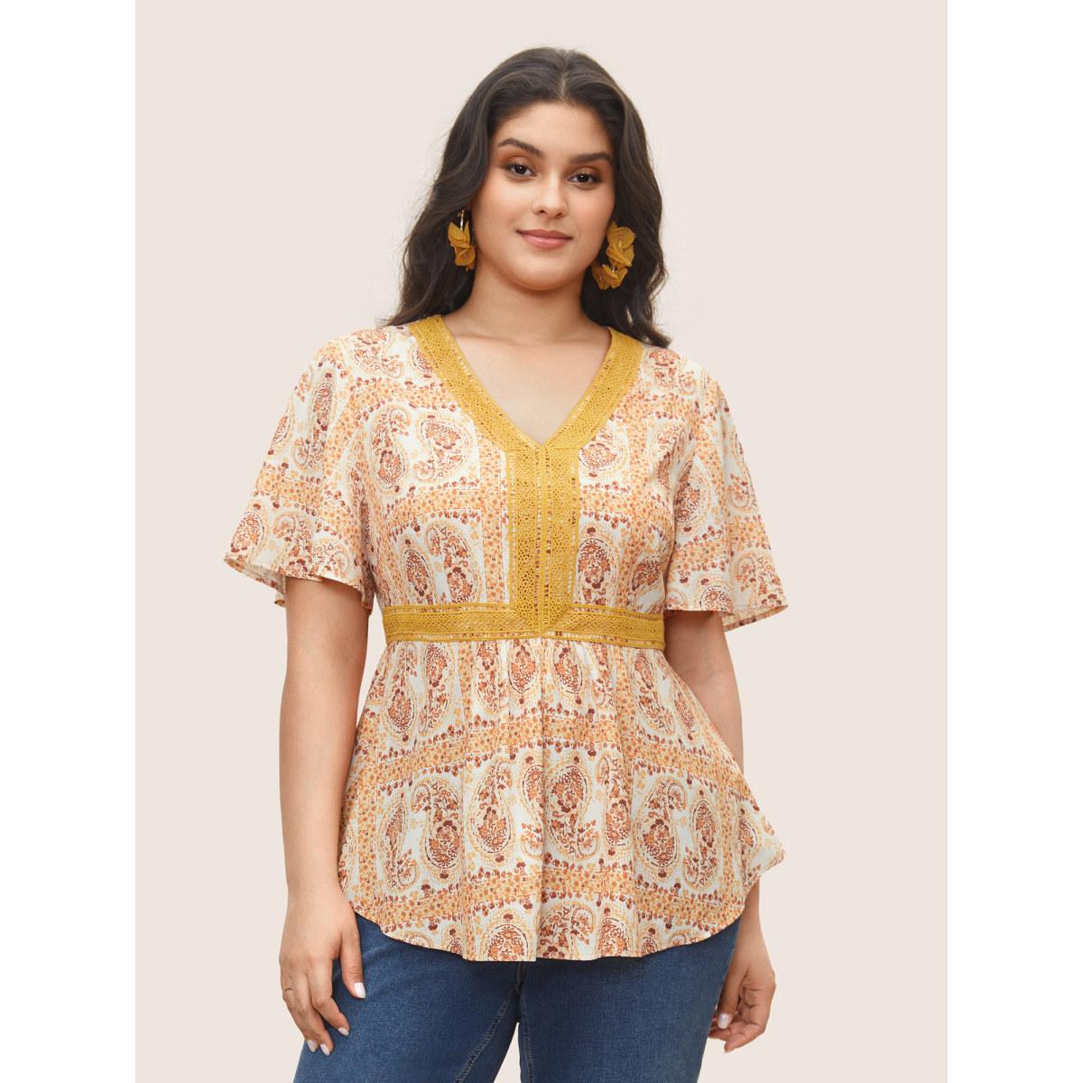 Plus Size Orange Boho Print Lace Trim Gathered Blouse Women Resort Short sleeve V-neck Vacation Blouses BloomChic 22-24/3X Product Image