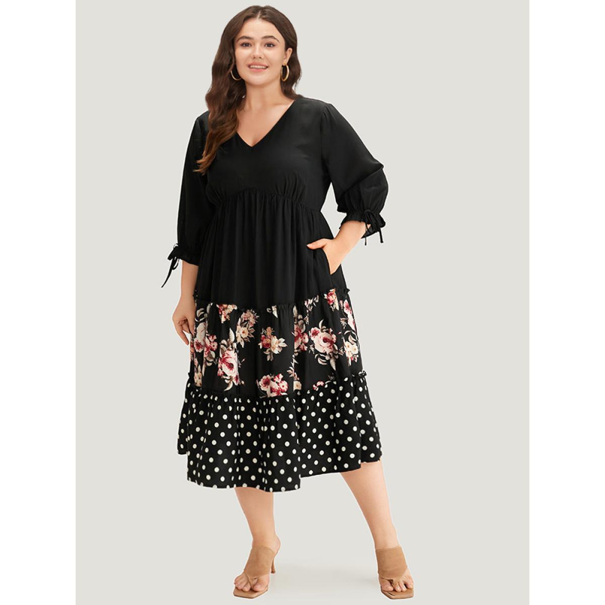 Plus Size Polka Dot Patchwork Floral Knot Pocket Lantern Sleeve Dress Black Women Casual Elastic cuffs V-neck Elbow-length sleeve Curvy Midi Dress BloomChic 12/L Product Image