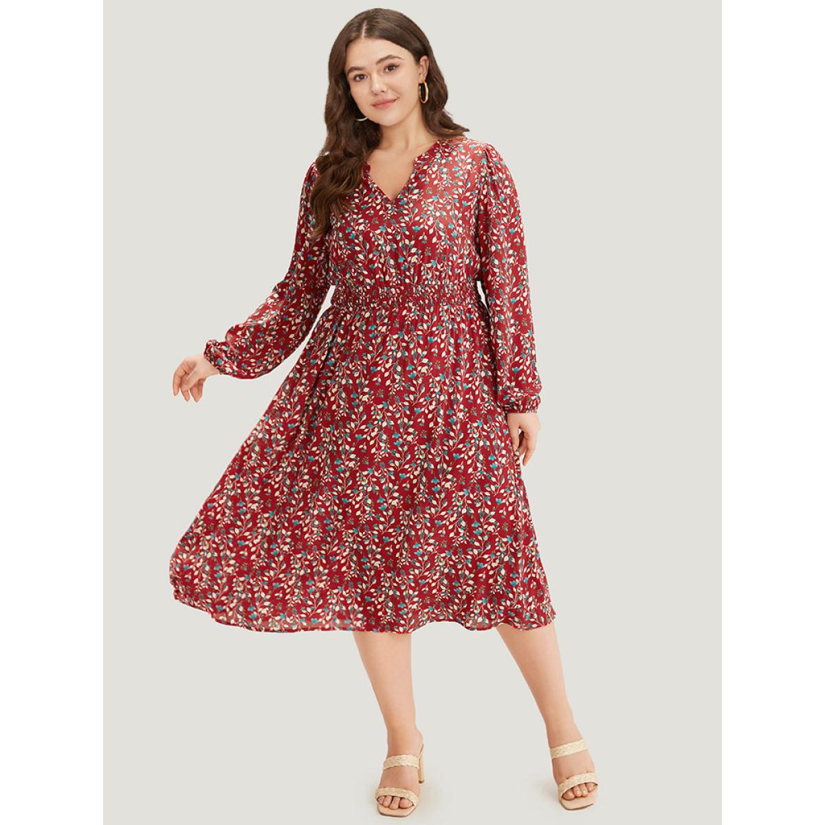 Plus Size Ditsy Floral Pocket Shirred Notched Dress Crimson Women Elegant Elastic cuffs Notched collar Long Sleeve Curvy Midi Dress BloomChic 18-20/2X Product Image