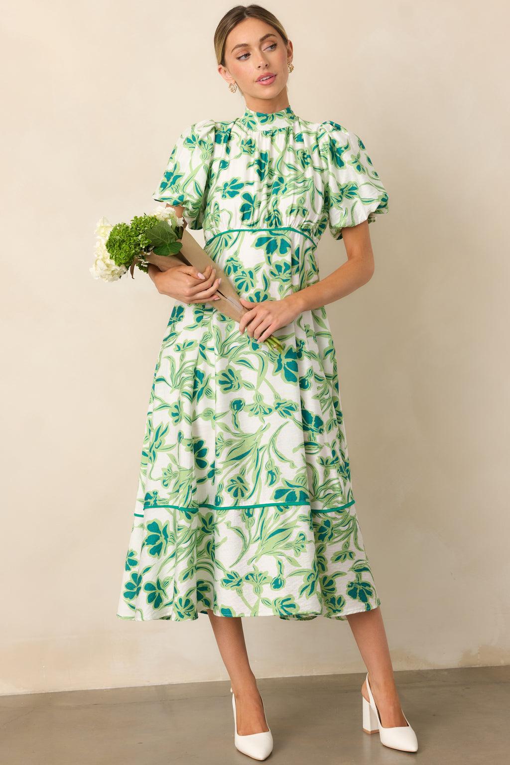 Blooming Season Green Floral Puff Sleeve Midi Dress Product Image