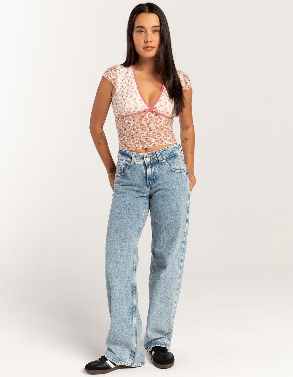 FULL TILT Printed Lace Womens V-Neck Top - Cream/Multi Product Image