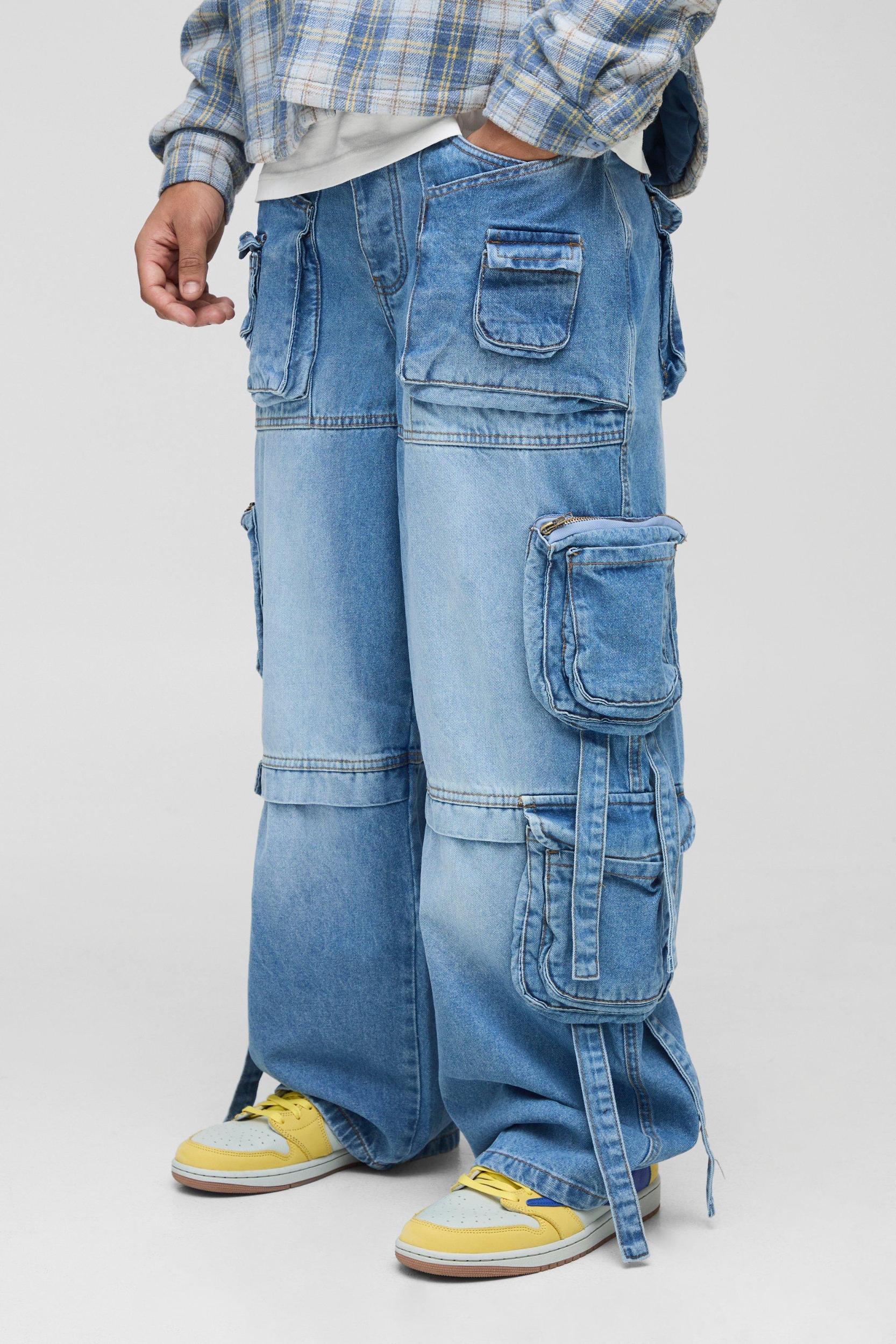 Baggy Rigid Multi Pocket Cargo Strap Denim Jean In Light Blue | boohooMAN USA Product Image