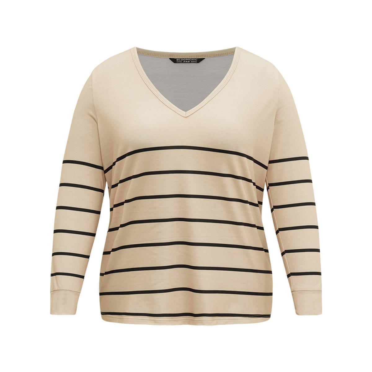Plus Size Striped Print V Neck T-Shirt Tan Women Casual Printed Striped V-neck Dailywear T-shirts BloomChic 22-24/3X Product Image