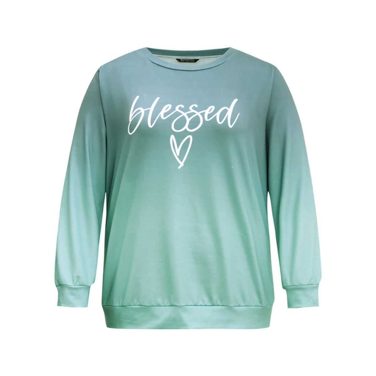 Plus Size Letter Print Ombre Crew Neck Sweatshirt Women Cyan Casual Printed Dailywear Sweatshirts BloomChic 22-24/3X Product Image