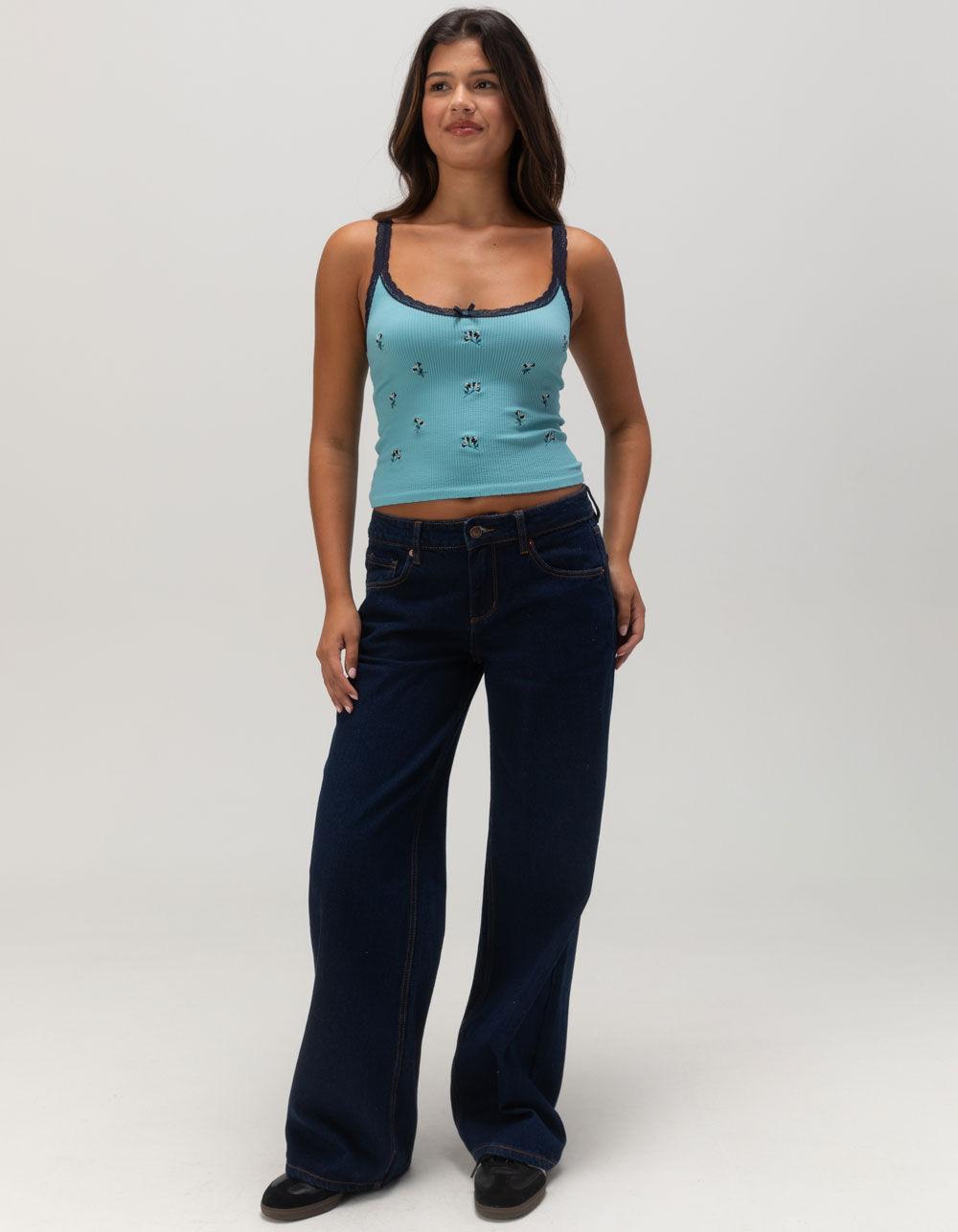 FULL TILT Seamless Lace Trim Embroidered Womens Cami - BLUE Product Image