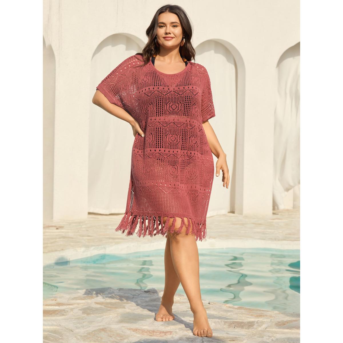 Plus Size Crochet Slit Tassels Swim Cover-Up Women's Swimwear Rust Beach Loose Texture Curve Swim Cover Ups BloomChic 18-20/2X Product Image