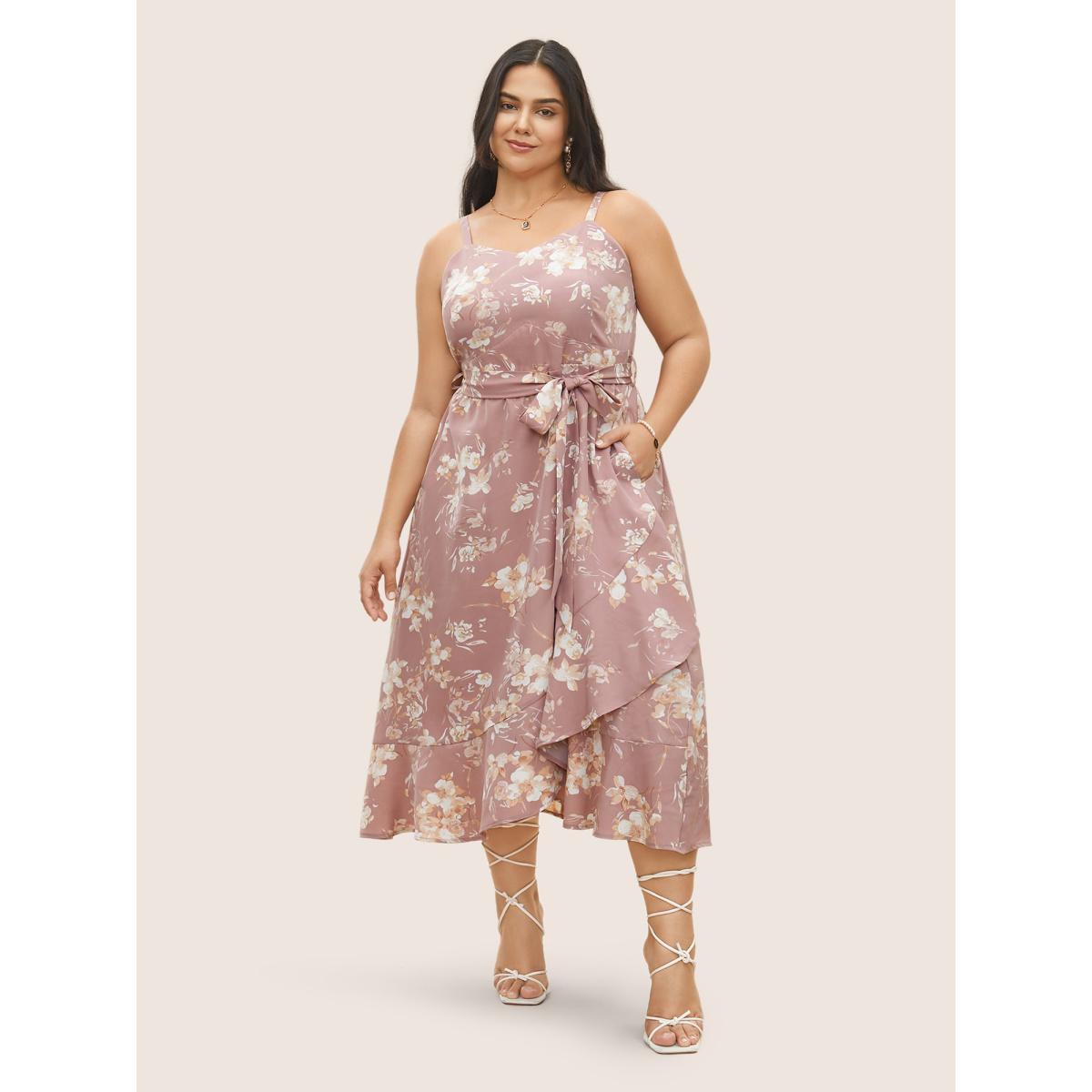 Plus Size Floral Pocket Elastic Waist Adjustable Straps Dress DustyPink Women Elegant Non Non Sleeveless Curvy Midi Dress BloomChic 12/L Product Image