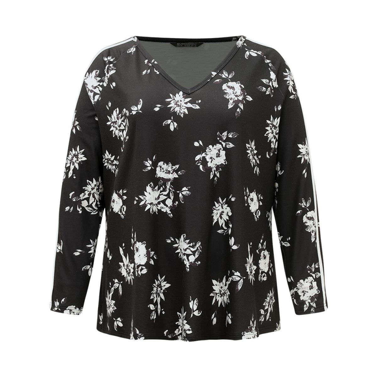 Plus Size Floral Raglan Sleeve Contrast Trim Sweatshirt Women Black Elegant Printed V-neck Everyday Sweatshirts BloomChic 12/L Product Image