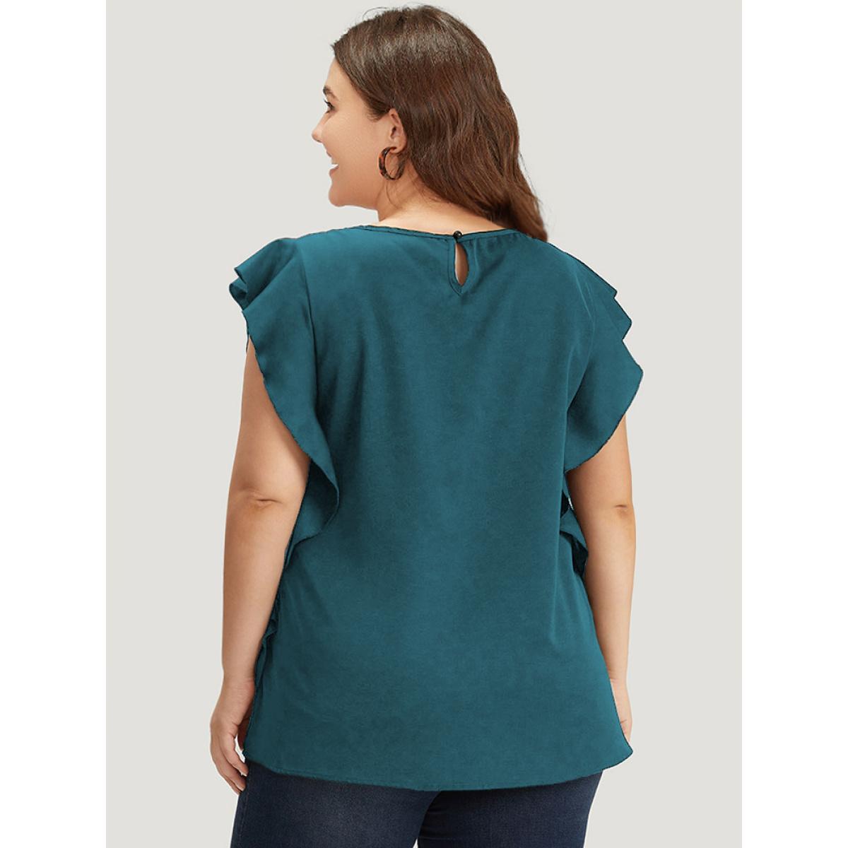 Plus Size Cyan Solid Crew Neck Ruffle Trim Blouse Women Office Cap Sleeve Round Neck Work Blouses BloomChic 30/6X Product Image