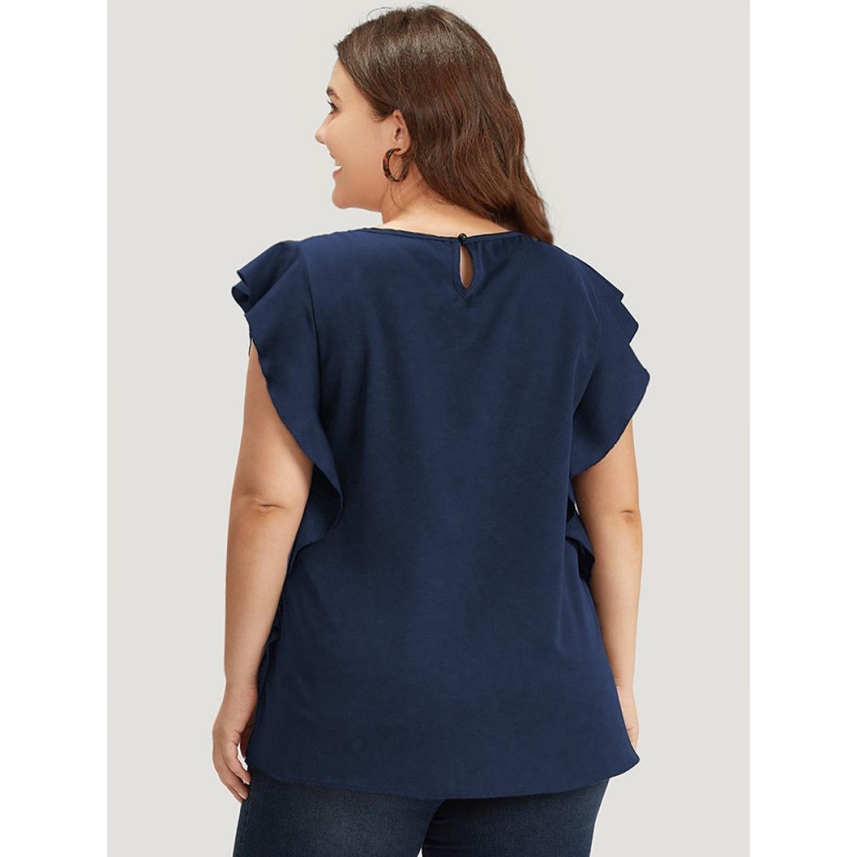 Plus Size Indigo Solid Crew Neck Ruffle Trim Blouse Women Office Cap Sleeve Round Neck Work Blouses BloomChic 12/L Product Image