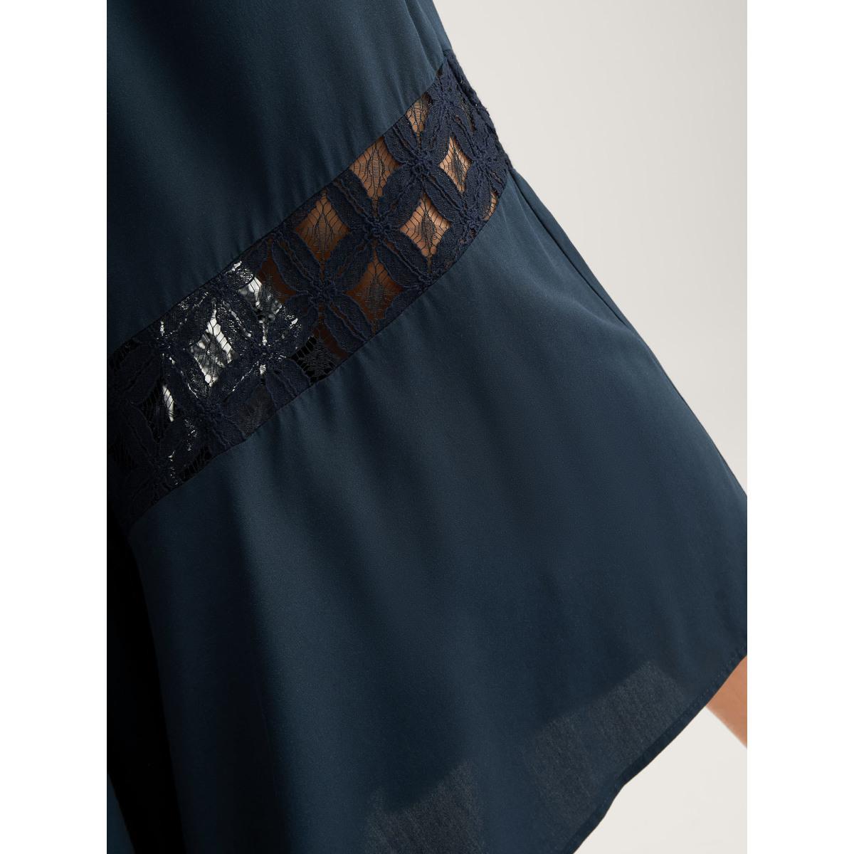 Plus Size Sheer Lace Trim Flared Drawstring Pants Women Indigo Casual Wide Leg Mid Rise Casual Pants BloomChic 28/5X Product Image