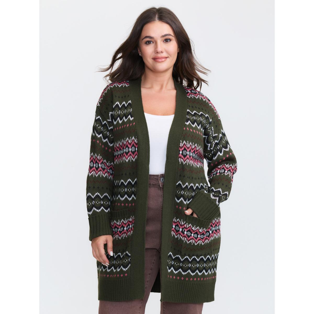 Plus Size Geometric Pattern Pockets Open-Front Cardigan ArmyGreen Women Playful Loose Long Sleeve Casual Cardigans BloomChic 22-24/3X Product Image