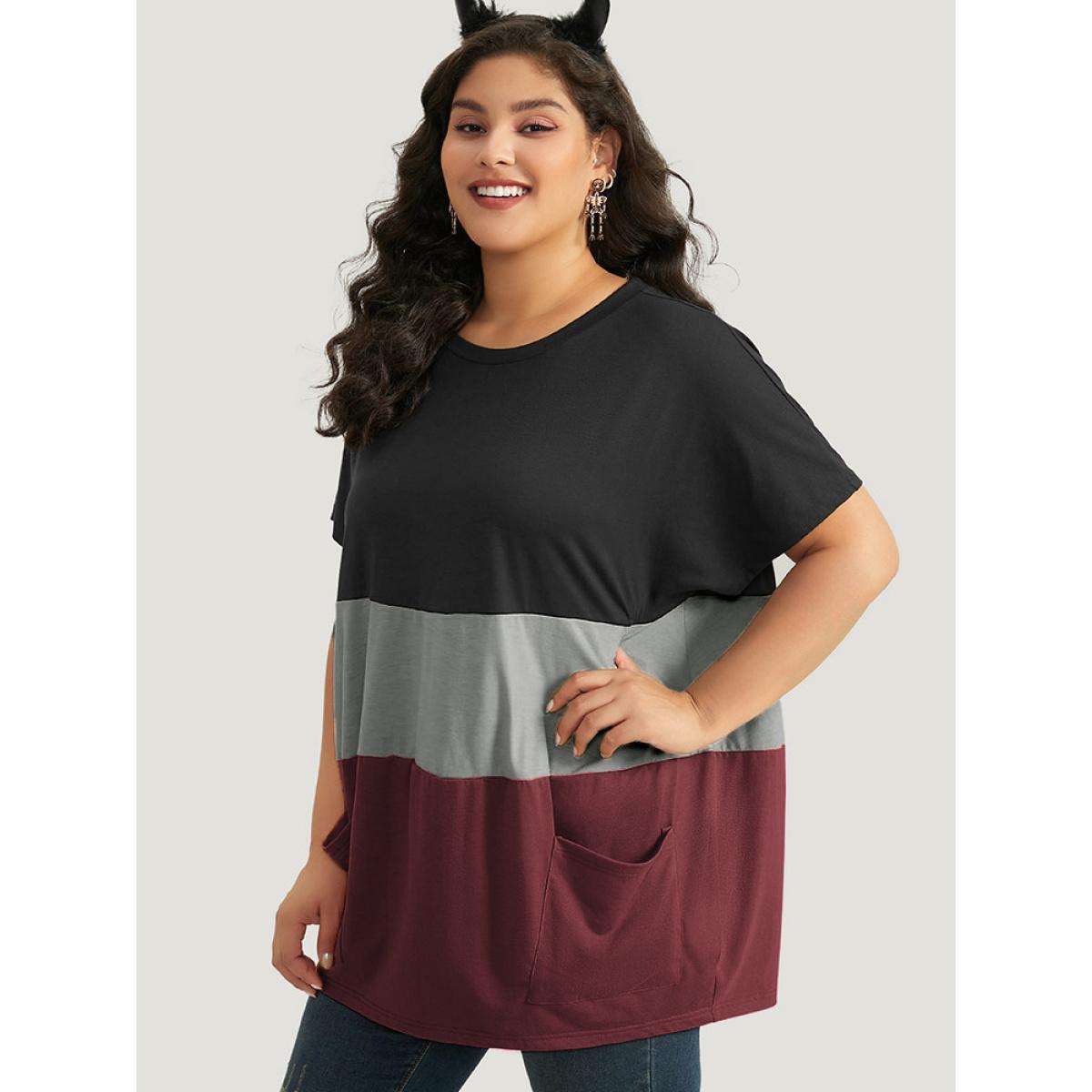 Plus Size Halloween Colorblock Contrast Pocket Crew Neck T-shirt Burgundy Women Casual Contrast Plain Round Neck Festival-Halloween T-shirts BloomChic 12/L Product Image