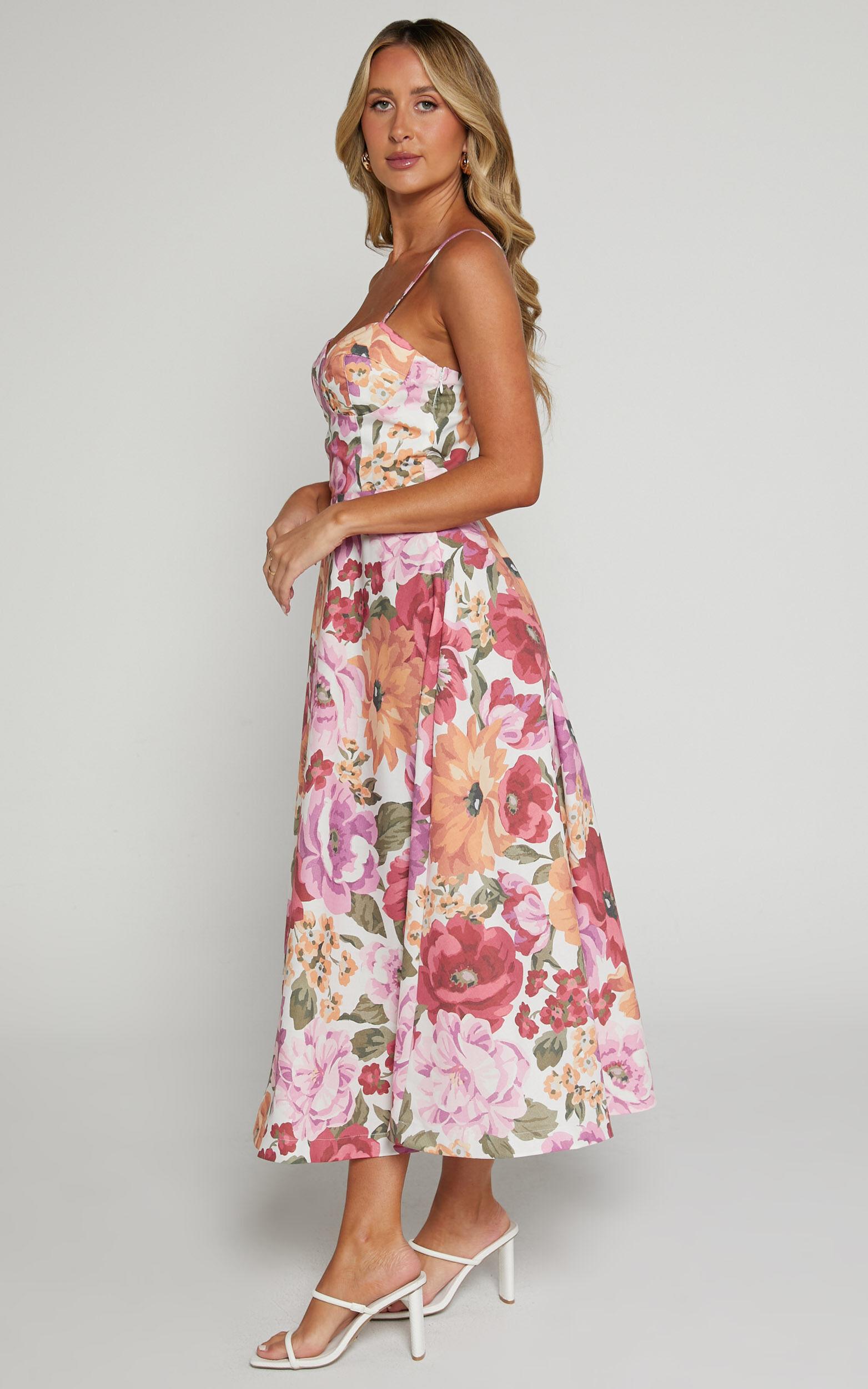 Robertson Midi Dress - Strappy Sweetheart Bustier Flare Dress in Spring Floral Product Image