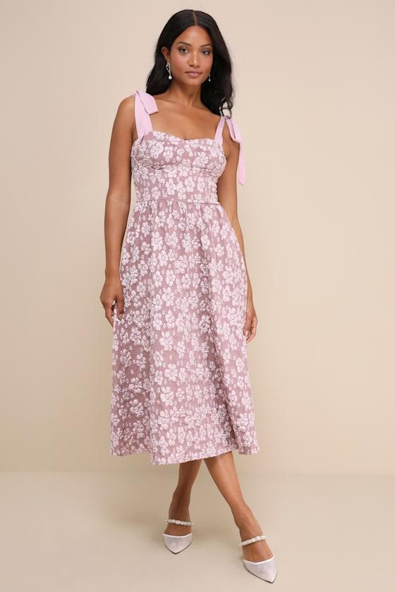 Bubbly Bliss Mauve Pink Jacquard Bustier Tie-Strap Midi Dress Product Image