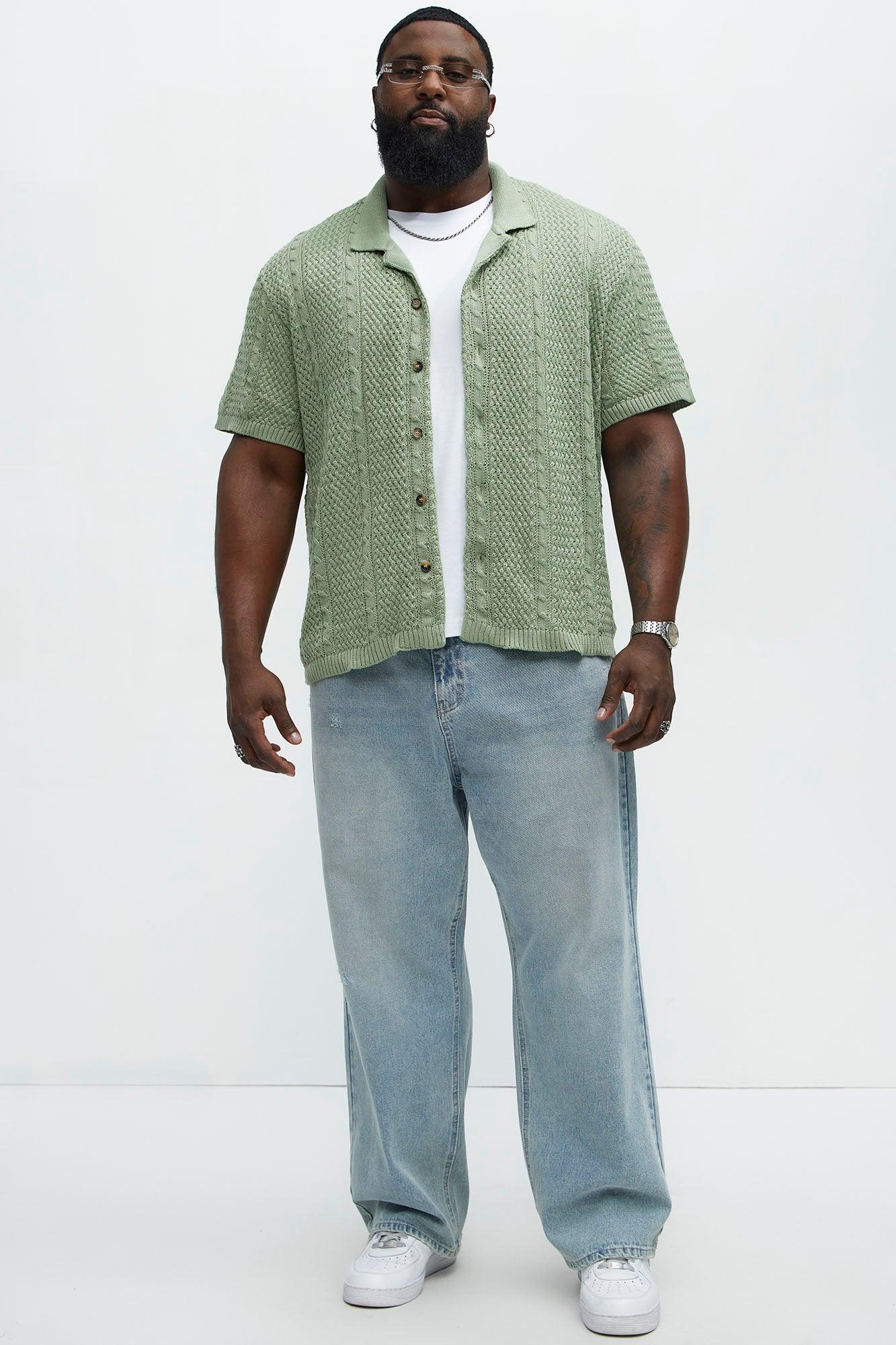 Unwind Cable Knit Short Sleeve Button Up - Sage Product Image