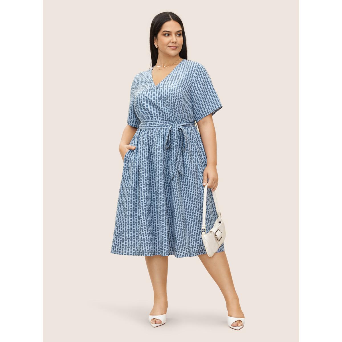 Plus Size Geometric Overlap Collar Elastic Waist Belted Dress Blue Women At the Office Overlapping Overlap Collar Half Sleeve Curvy Midi Dress BloomChic 14-16/1X Product Image