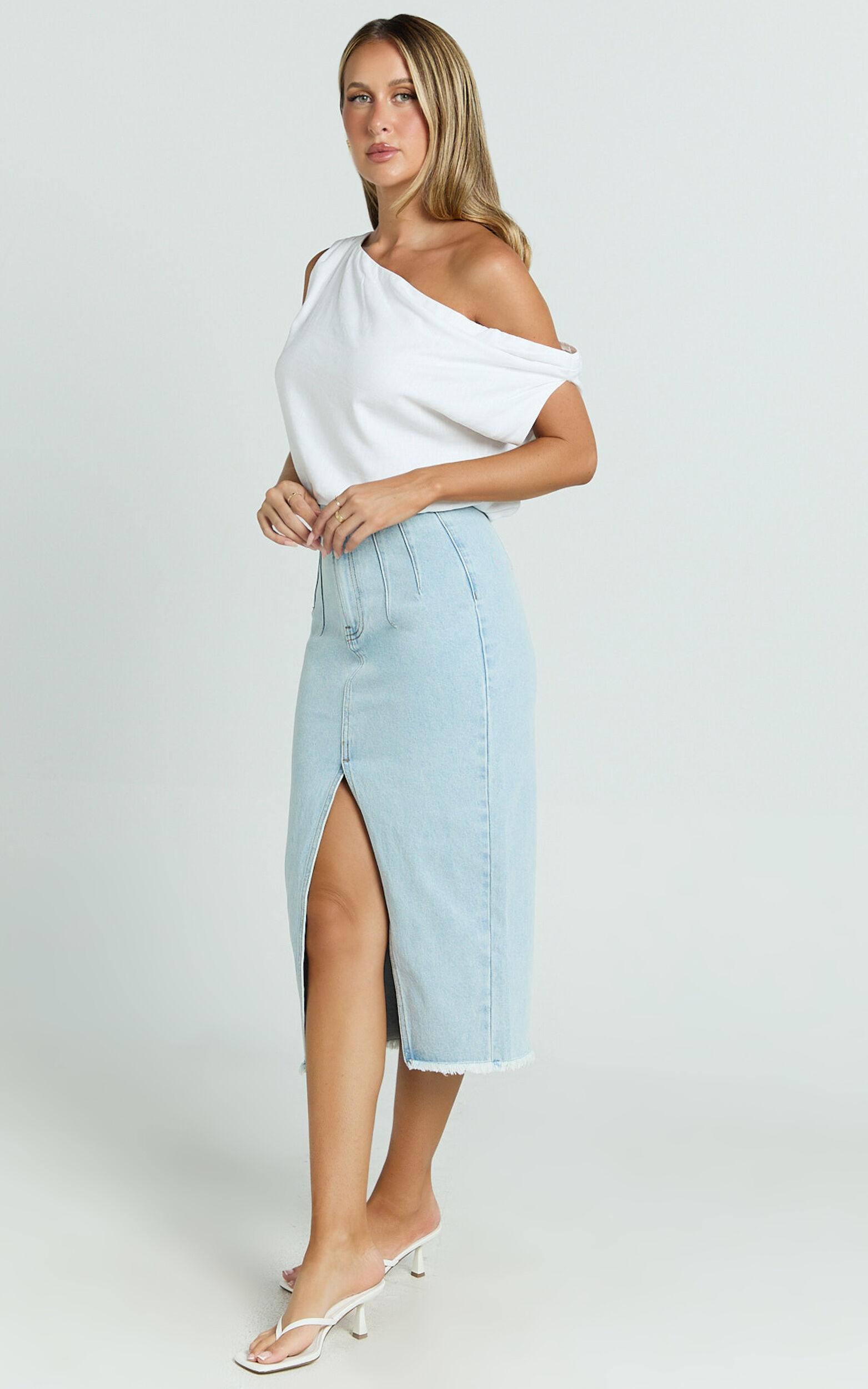 Janeve Midi Skirt - Front Split Denim Skirt in MID WASH Product Image