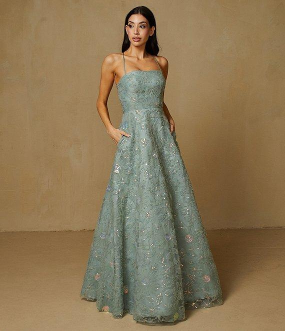 B. Darlin Sequin Floral Square Neck Ball Gown Product Image