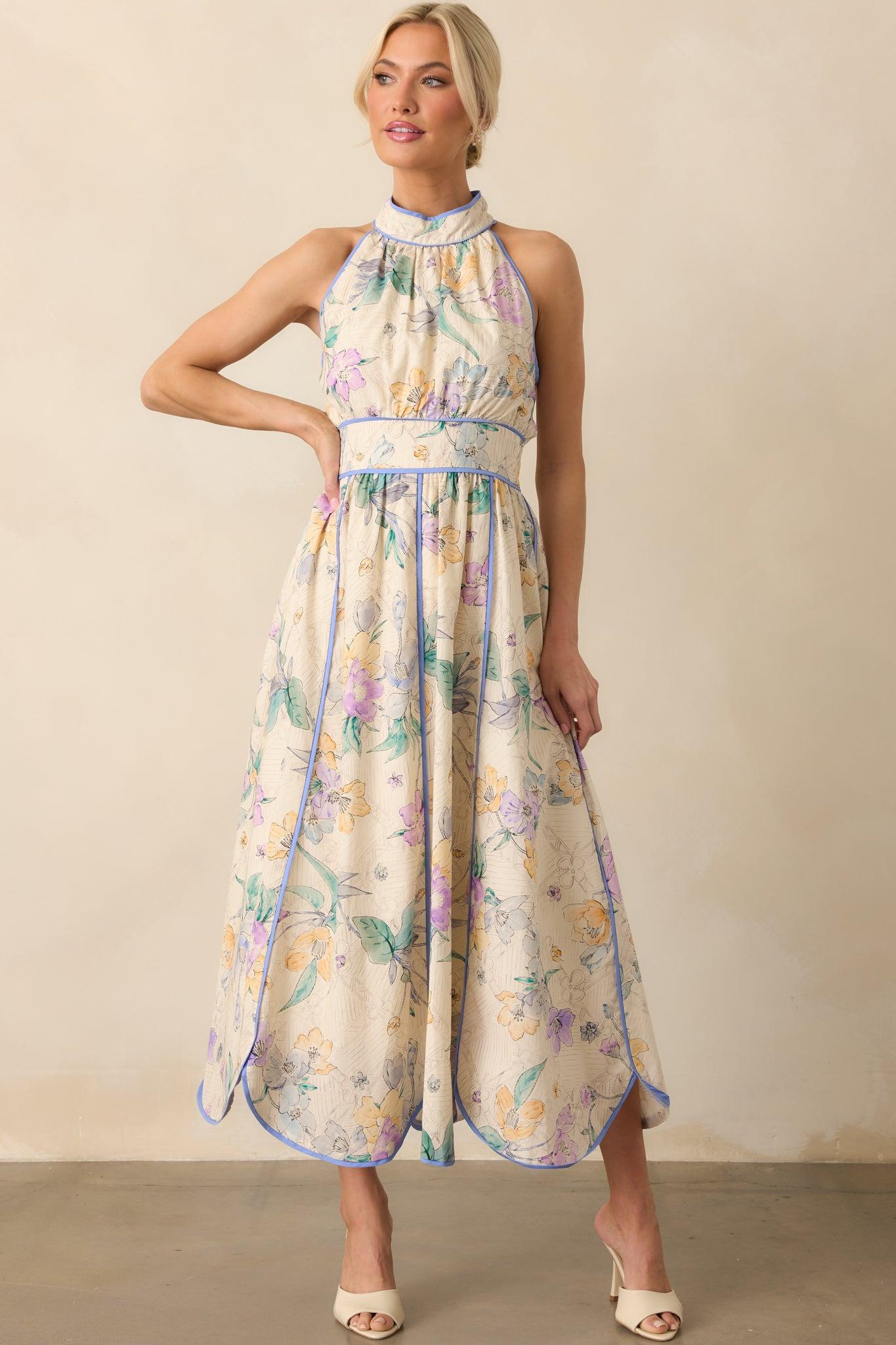 Color Outside The Lines Ivory Floral Print Cotton Halter Maxi Dress Product Image