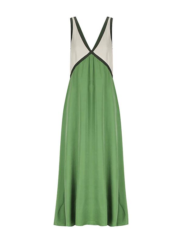 Loose Sleeveless Contrast Color Split-Joint Deep V-Neck Maxi Dresses Product Image