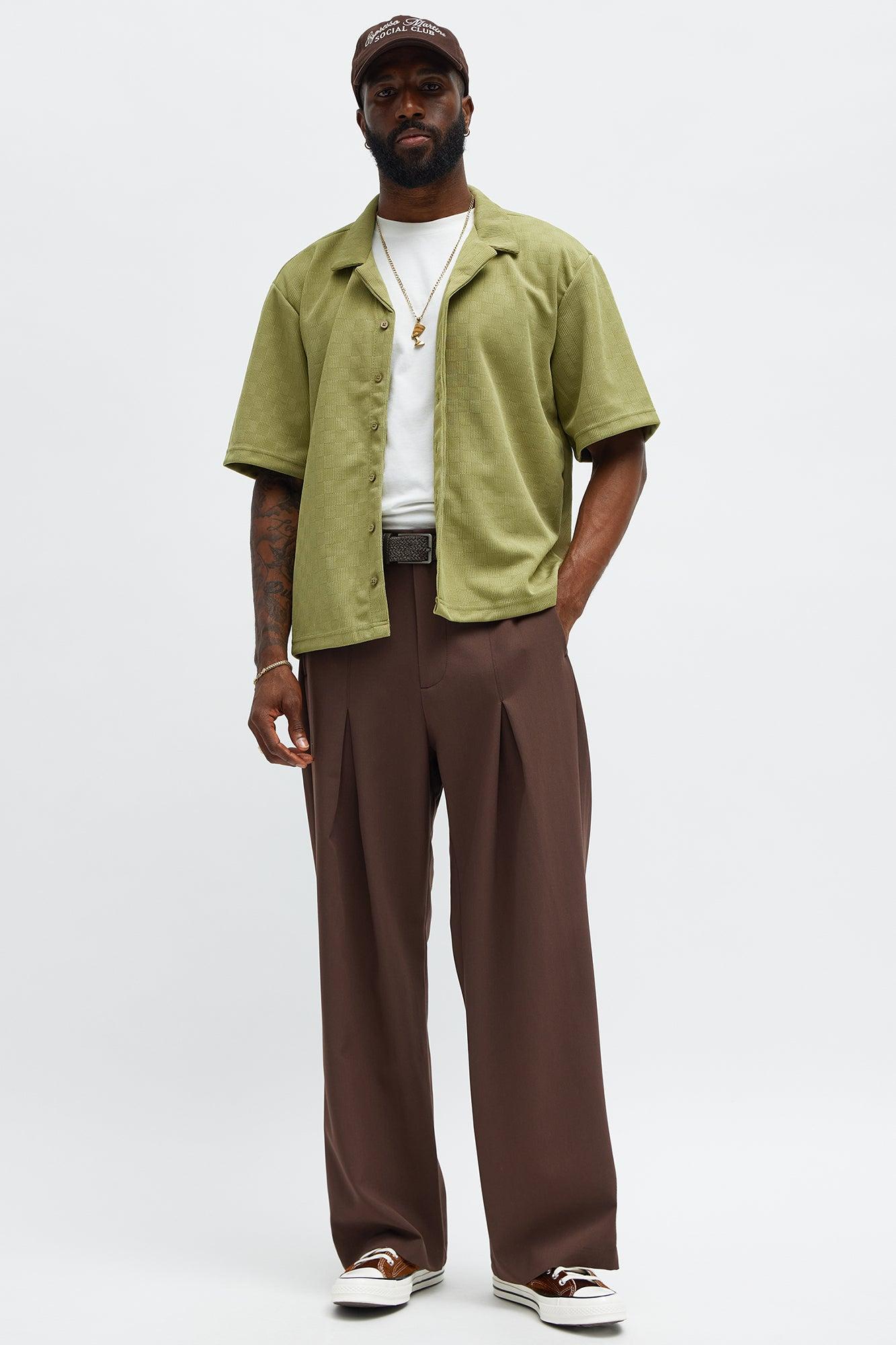 Checker Texture Cuban Button Up Shirt - Olive Male Product Image