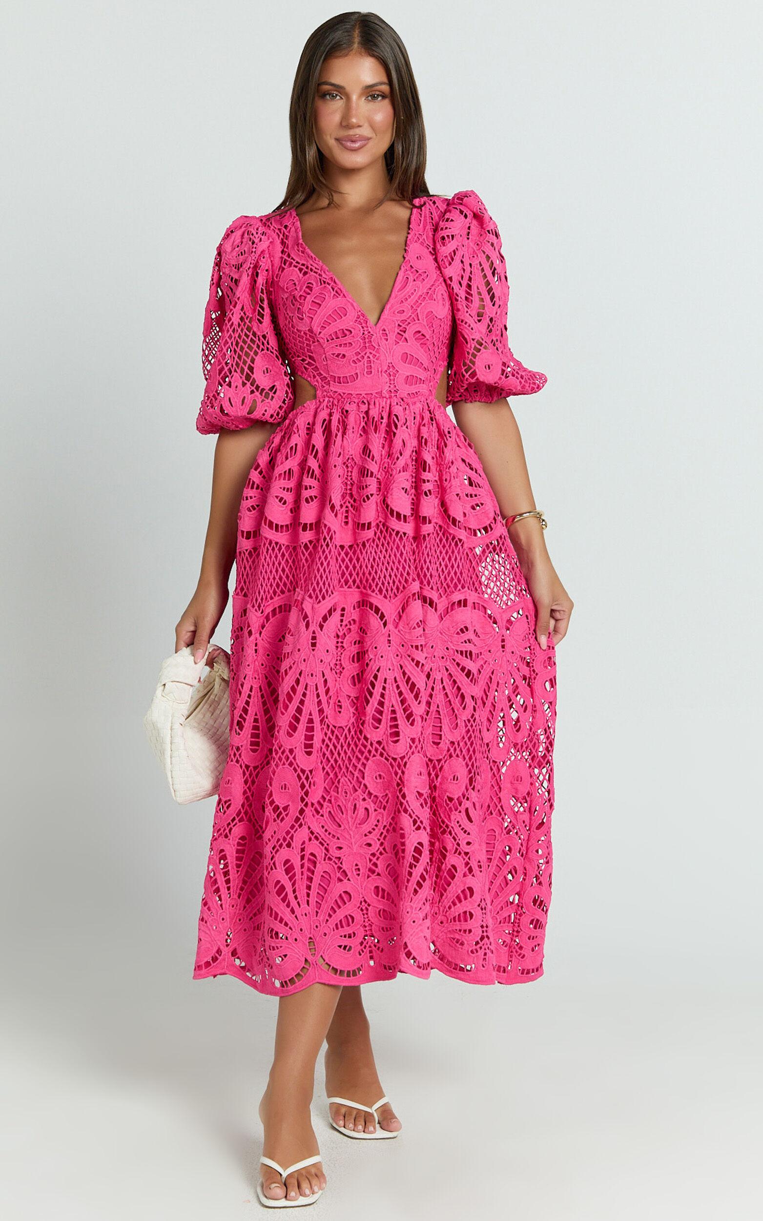 Anieshaya Midi Dress - V Neck Cut Out Lace Dress in Pink Product Image