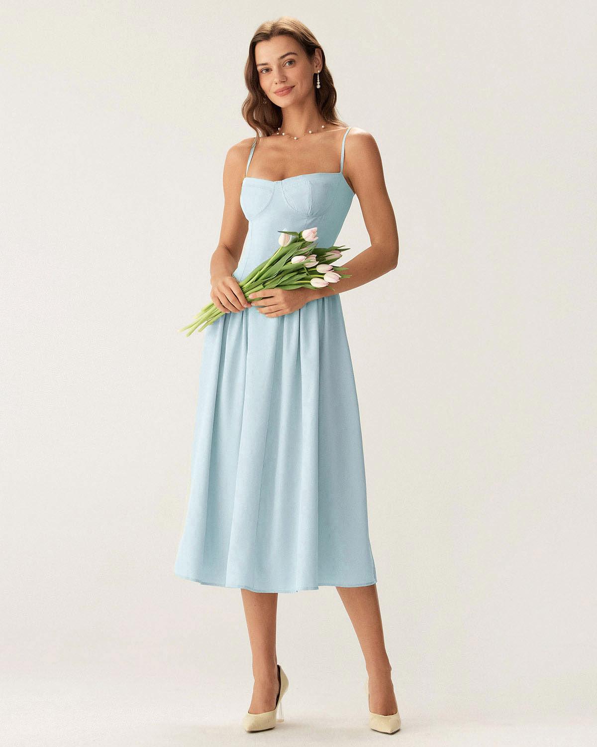 Blue Square Neck Pocket Slip Midi Dress Product Image