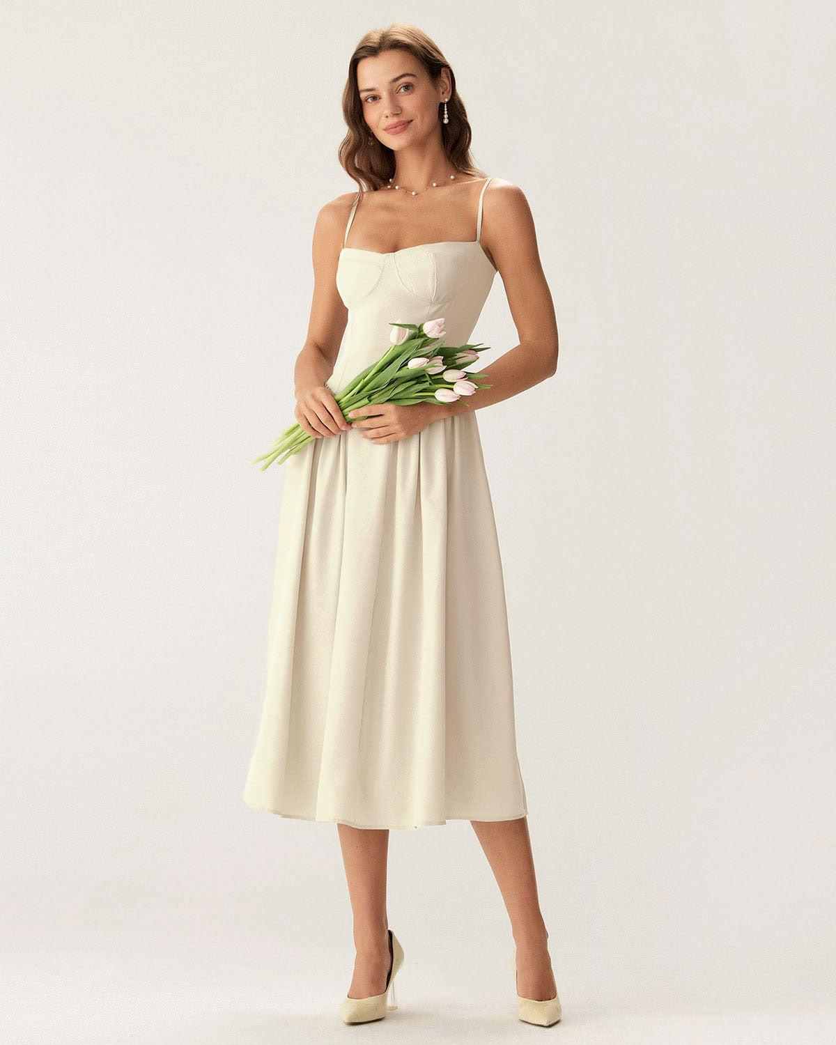 Beige Square Neck Pocket Slip Midi Dress Product Image